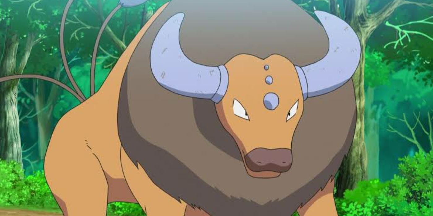 An aggravated Tauros wandering through a forest in the Pokemon Anime