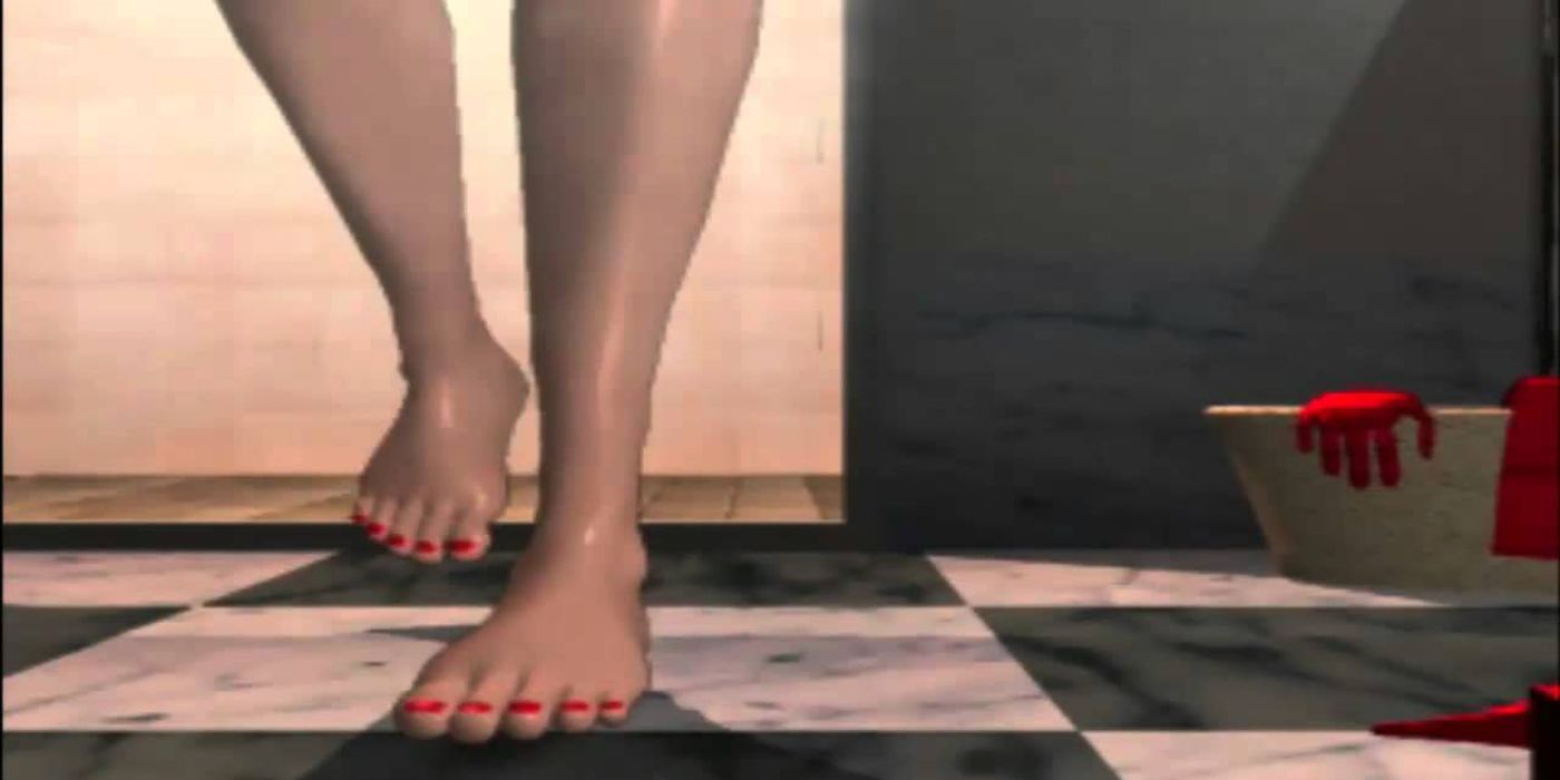 Anna Williams' feet as she steps out of the shower in her Tekken 2 ending