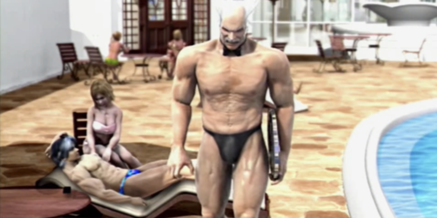 A speedo-wearing, miserable, Heihachi walks away from his master, Lee in Lee's Tekken 5 ending