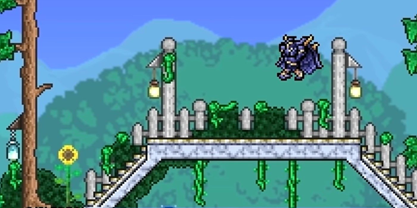 The player in high-level armor jumping over a bridge