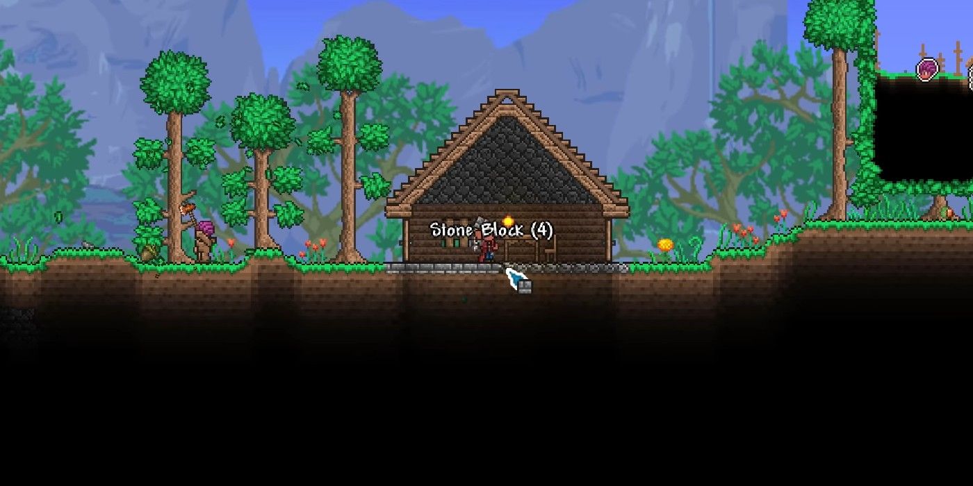 Terraria Player Sitting In A Surface Wooden And Stone Walls House