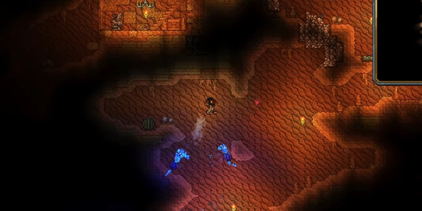 Terraria Player Double Jumping Through Underground Desert Away From Scarab Bombs