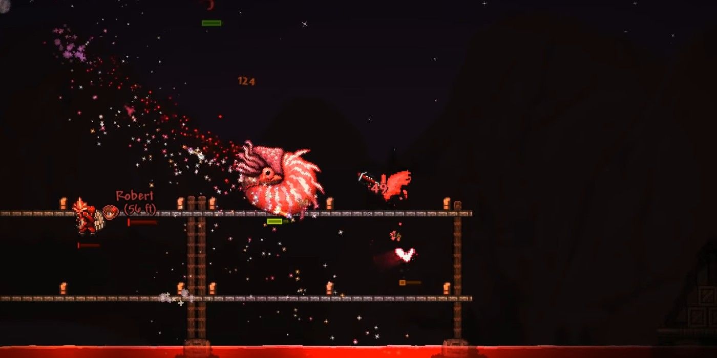 Terraria Player Holding Adamantite Crossbow Fighting A Dreadnautilus During Blood Moon On A Floating Arena