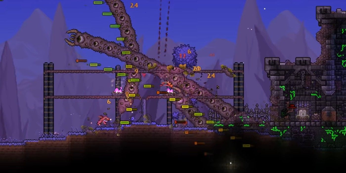 Terraria Player Fighting Eater Of Worlds In The Corruption Surface Biome Beside A Dungeon Style Building