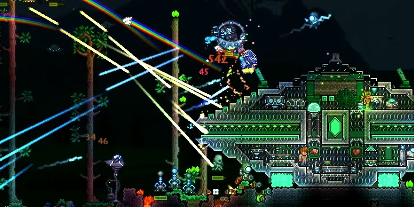 Terraria Player Fighting A Flying Saucer During Martian Madness Beside A Martian Base