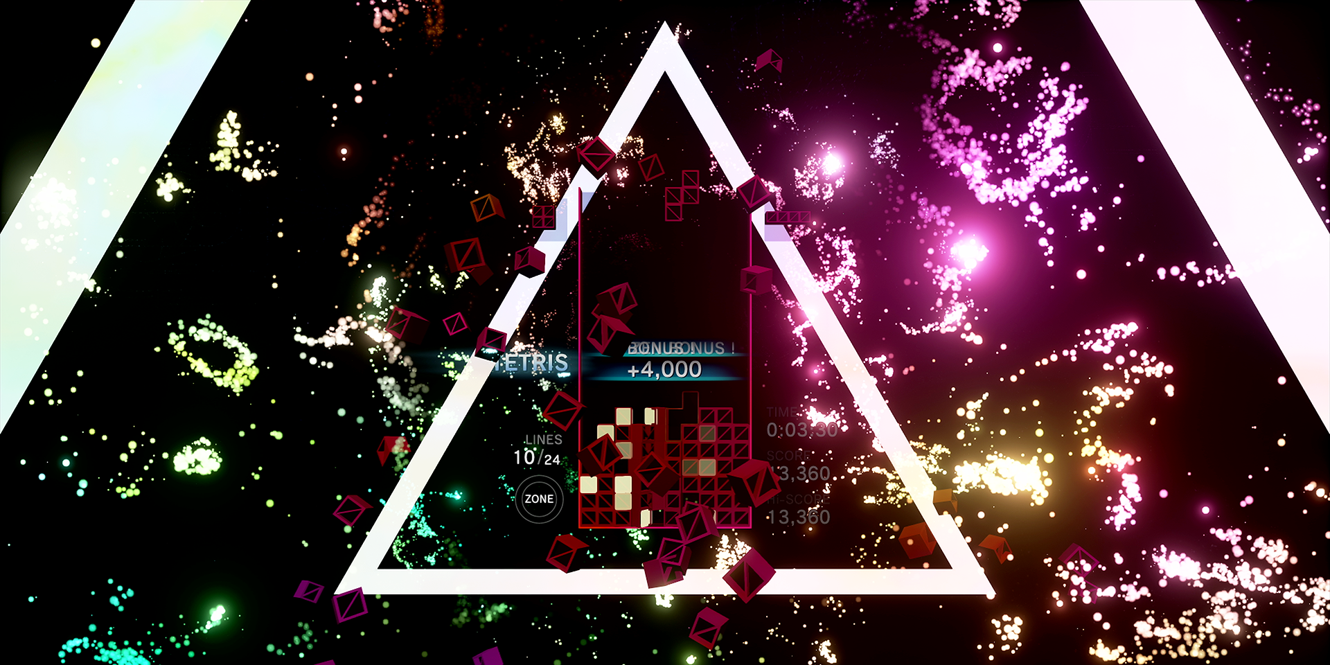 Tetris Effect Stage showing giant white triangles and explosions of color