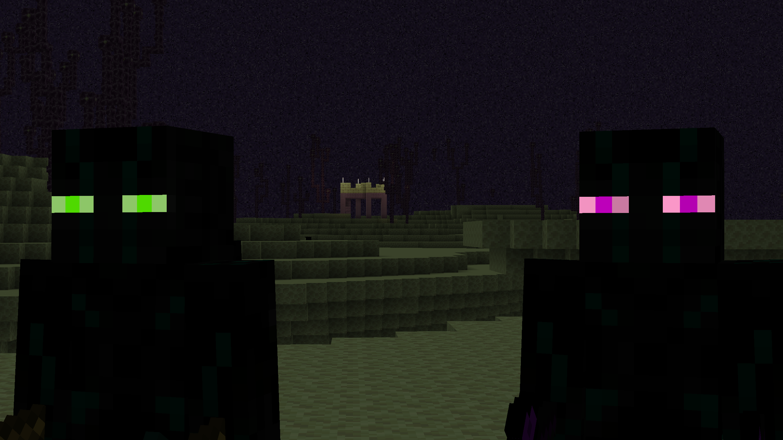 Two Endermen, one with pink/purple eyes and one with green eyes, with the End's natural biome behind them.
