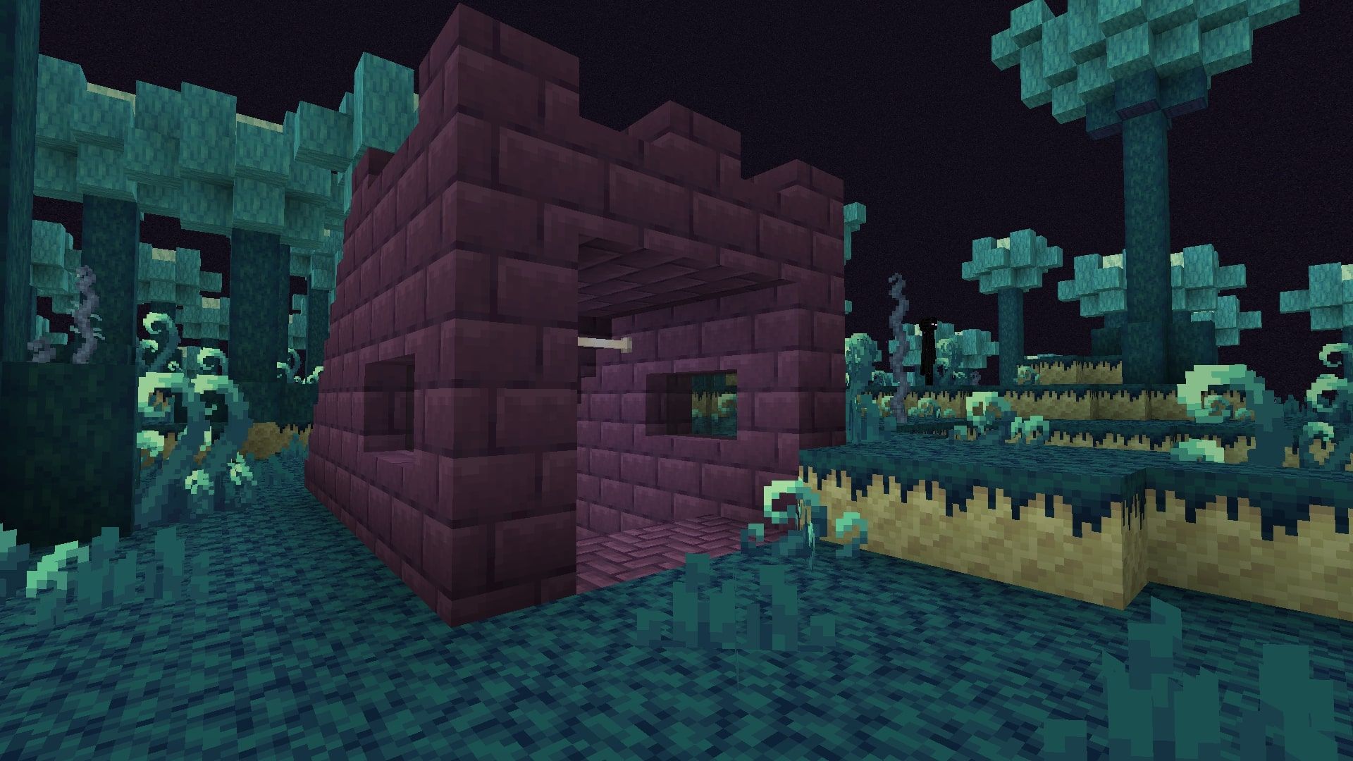 A image of the Azre Forest biome in The End, with the purple building signifying the entrance to the catacombs.