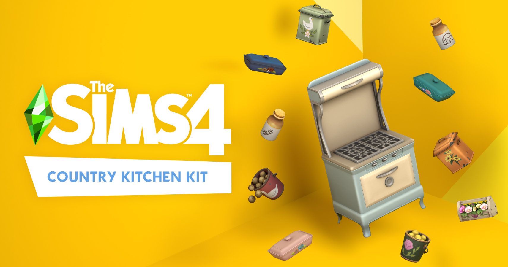 Country kitchen kit items behind a sims 4 logo
