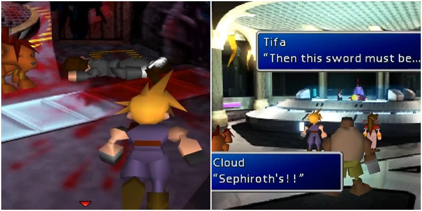 Final Fantasy 7: Cloud Follows a trail of blood to find President Shinra stabbed in the back with Sephiroth's sword