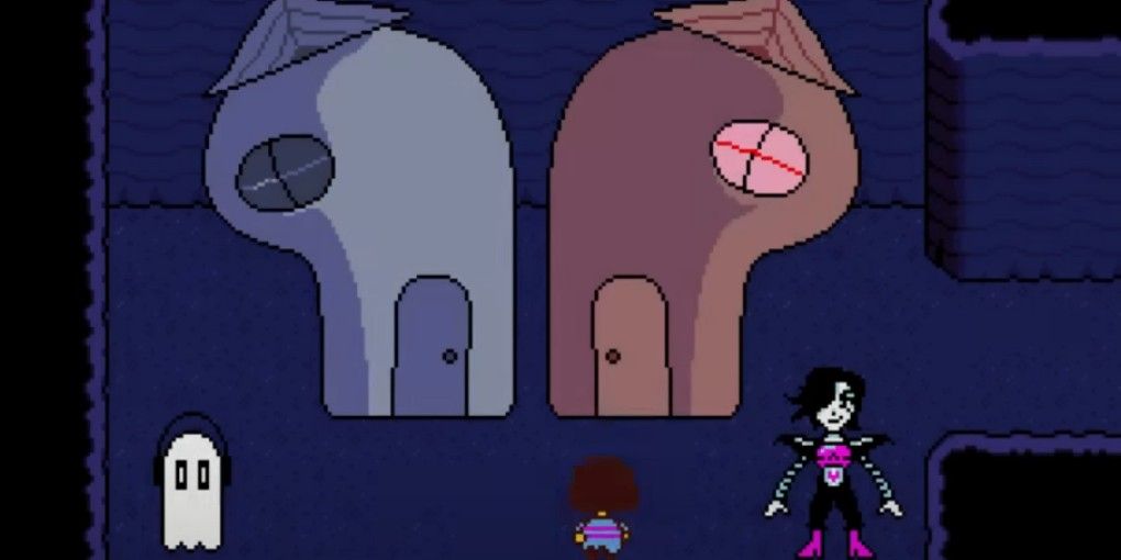 Napstablook and Mettaton stand outside their houses with Frisk in Undertale