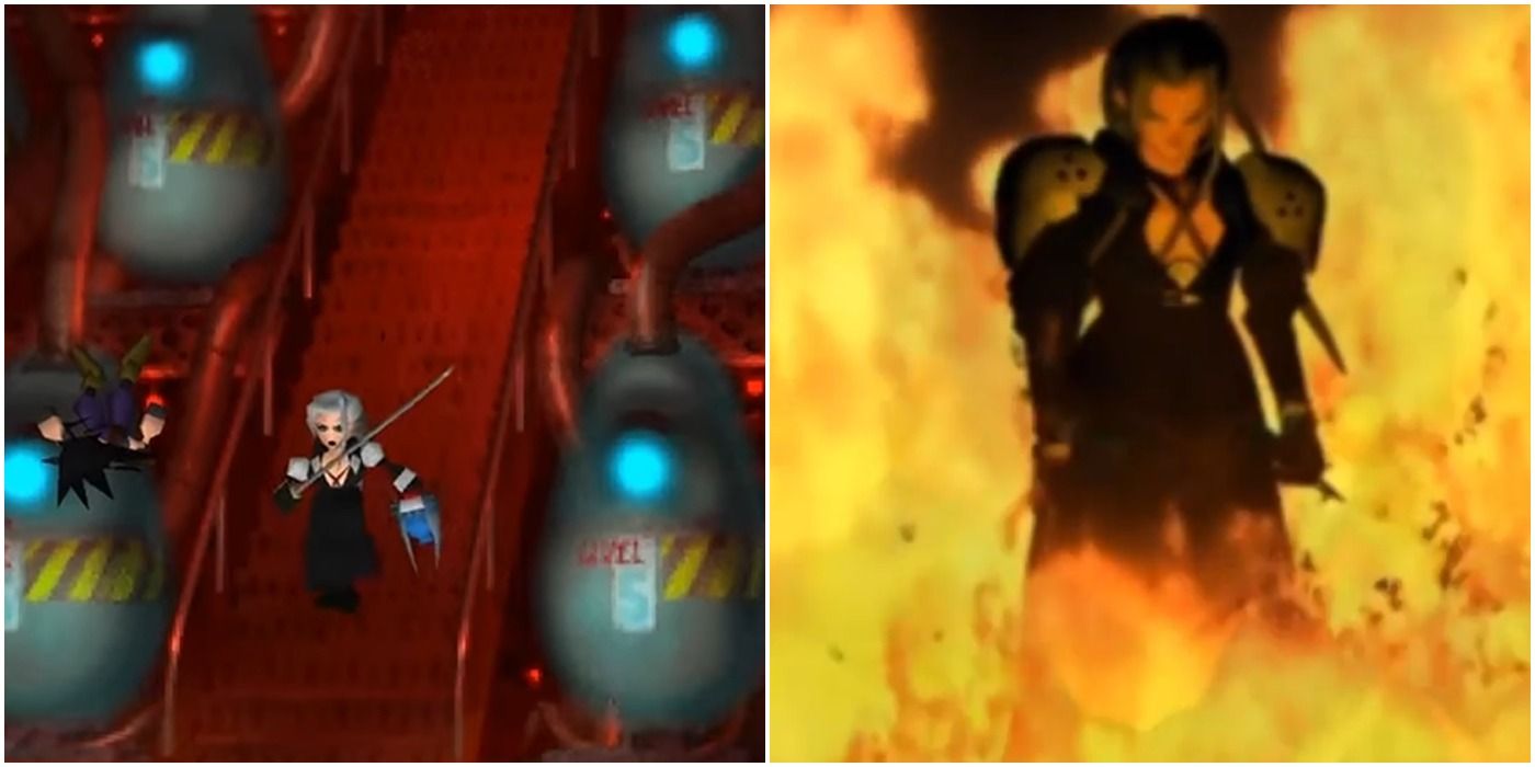 Final Fantasy VII: Sephiroth carries Jenova's head. Sephiroth stands within the flames