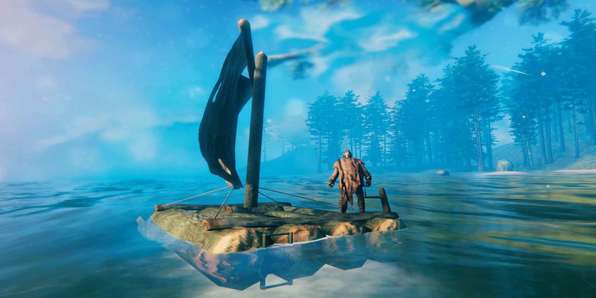 A viking sails on a raft in Valheim