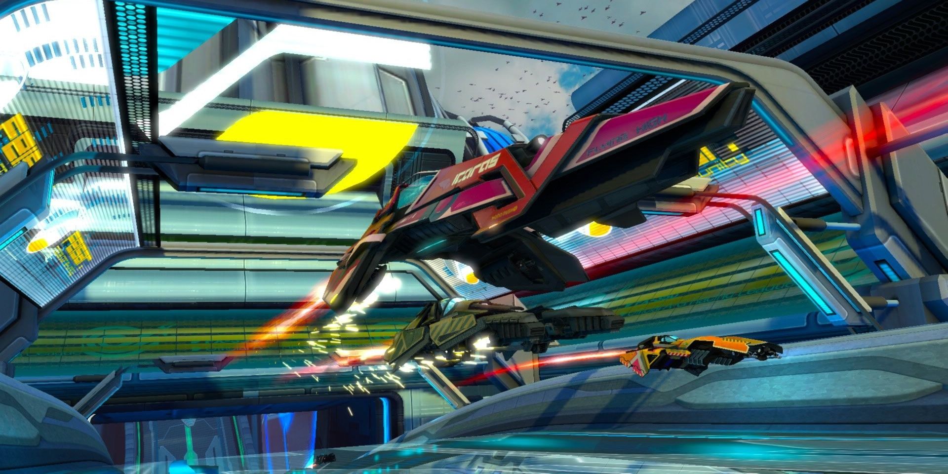 A screenshot showing gameplay in Wipeout Omega Collection