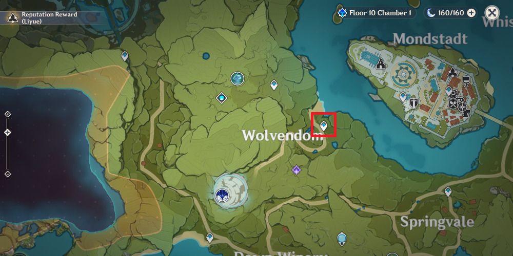 Screenshot of Genshin Impact's map hovering over Wolvendom.