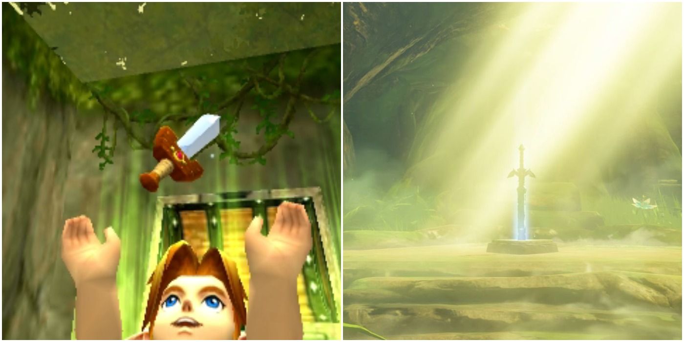 Kokiri Sword in Ocarina of Time and Master Sword in its pedestal in Breath of the Wild