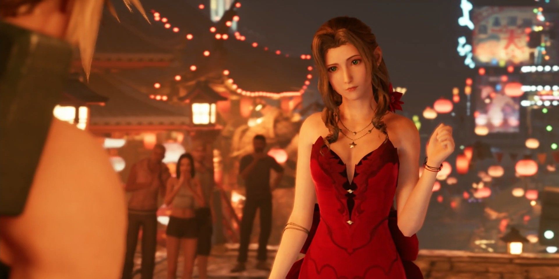 Aerith Gainsborough in her red dress in Final Fantasy 7 Remake
