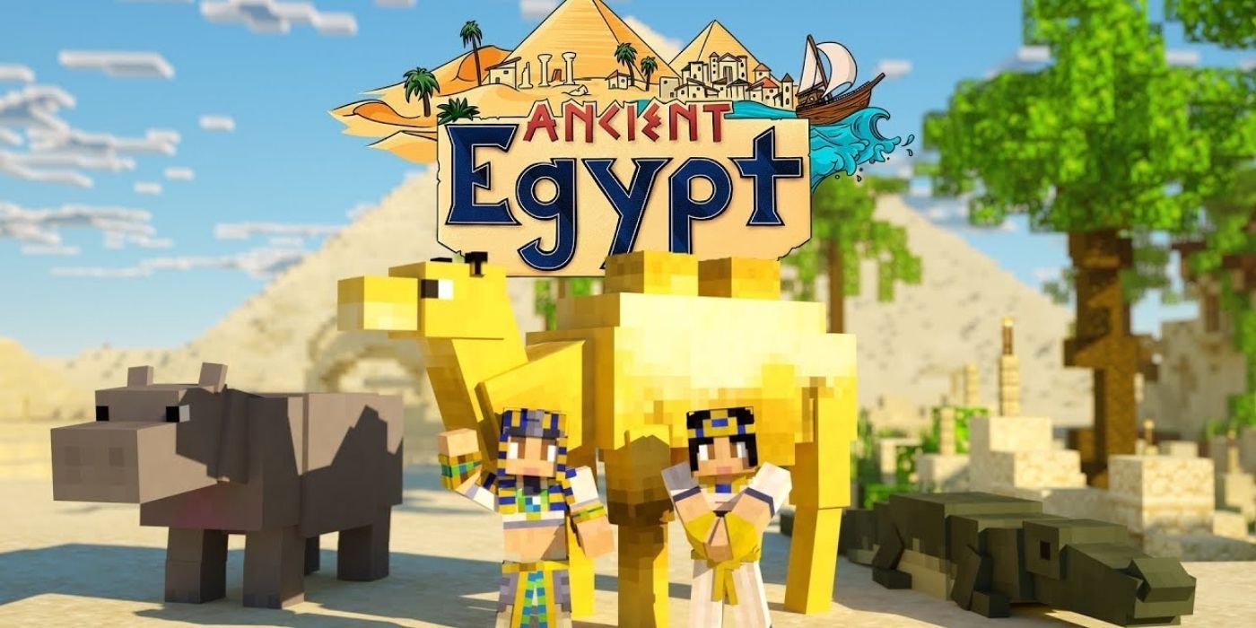 Players standing near a hippo, camel and crocodile below the logo for the Minecraft Ancient Egypt map
