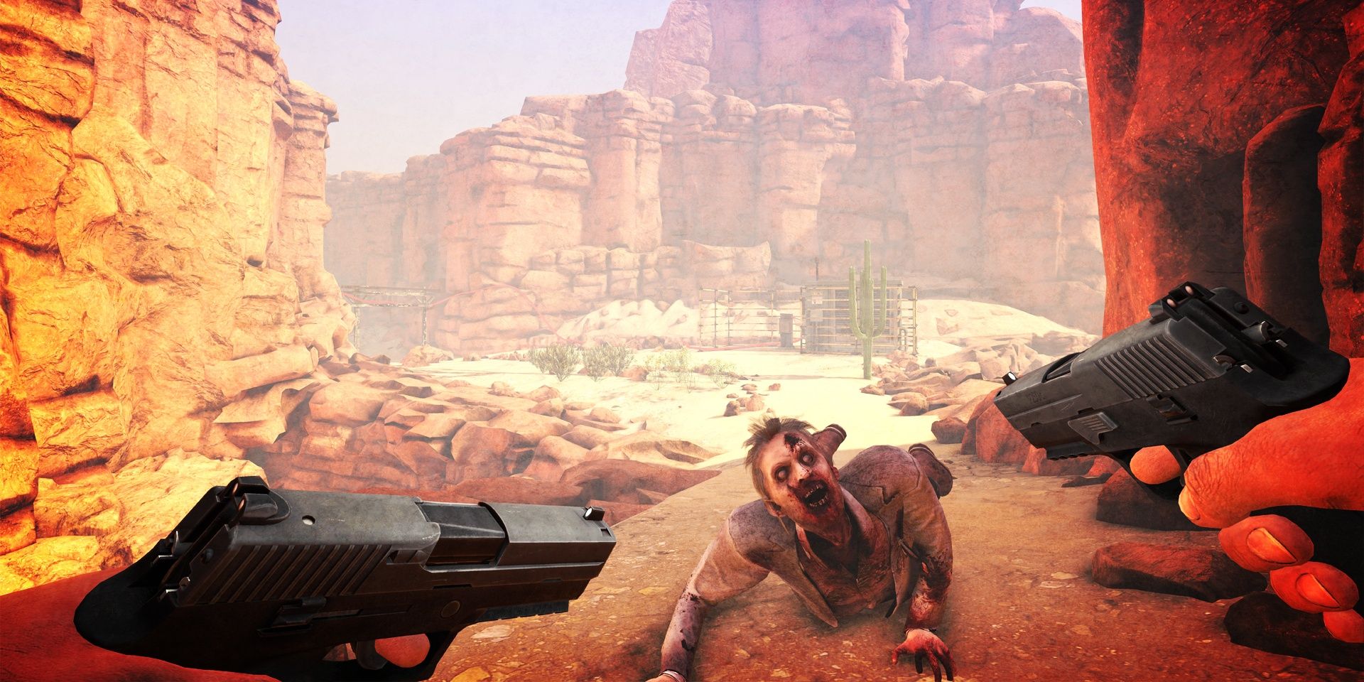 Arizona Sunshine Zombie crawling in a canyon while player dual wields pistols