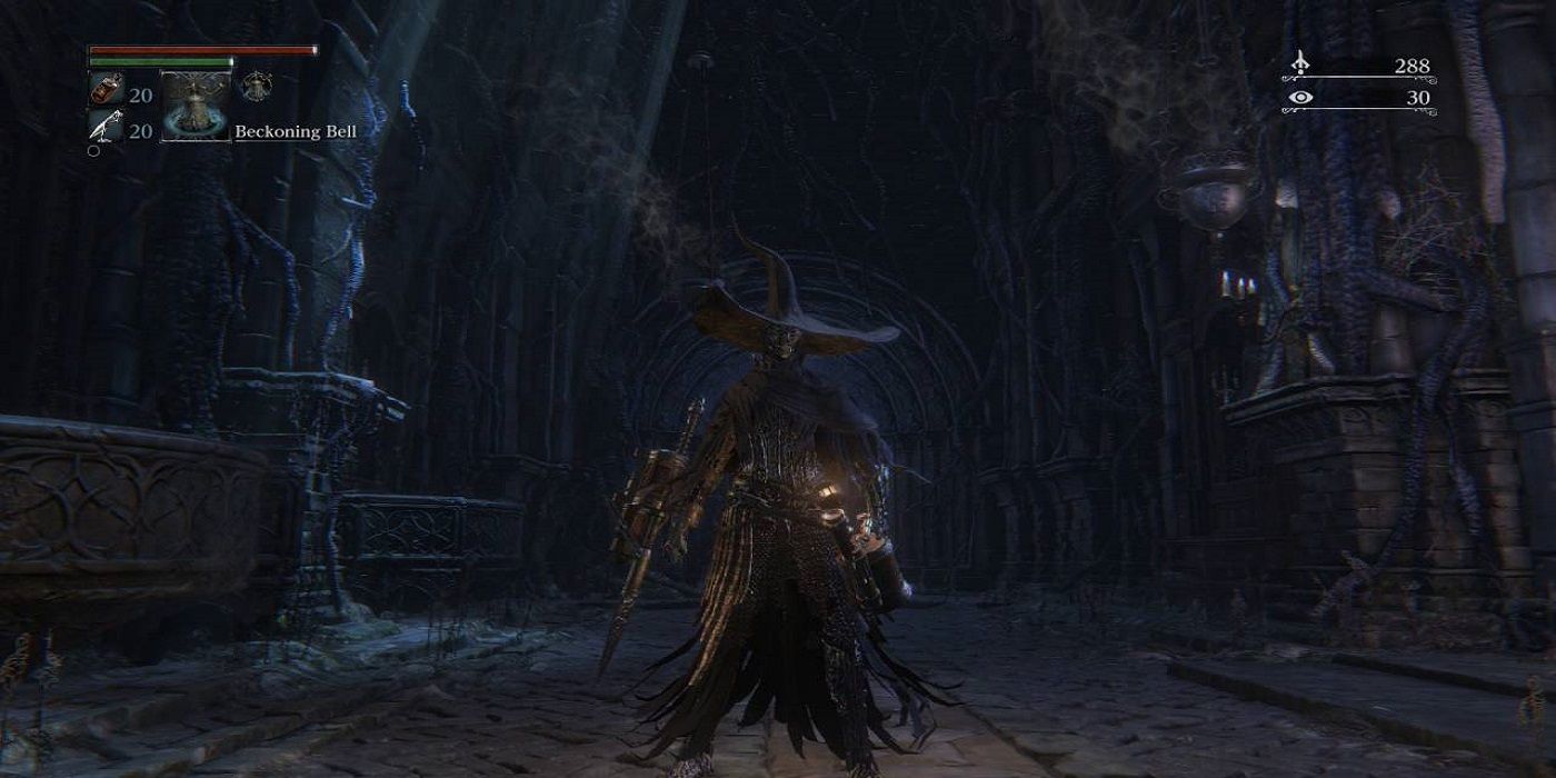 A hunter wearing the Bone Ash set in a Chalice Dungeon in Bloodborne