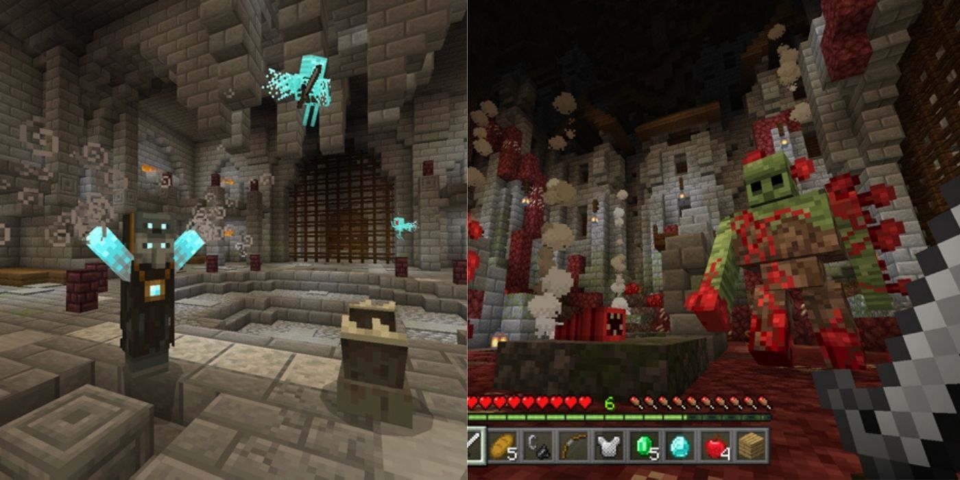 Various monsters approaching the player in the caverns in the Caverns Of Chaos Minecraft map