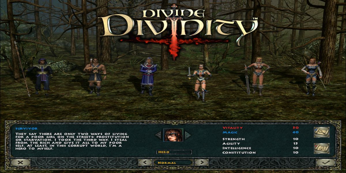 The character select screen for Divine Divinity, male and female options of all three classes shown
