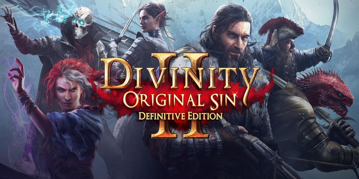 Cover art for Divinity Original Sin II: Definitive Edition, characters looking around mid combat: Lohse, Fane, Sebille, Ifan Ben Mezd, Beast and Red Prince