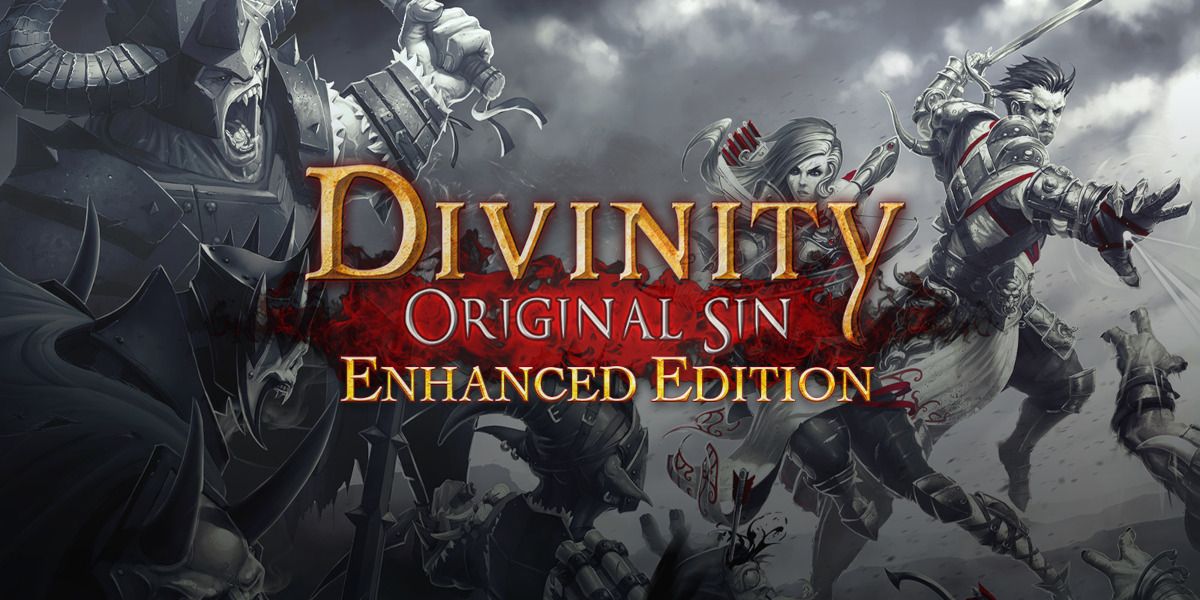 Cover art for Divinity Original Sin: Enhanced Edition, with characters mid-combat in black and white