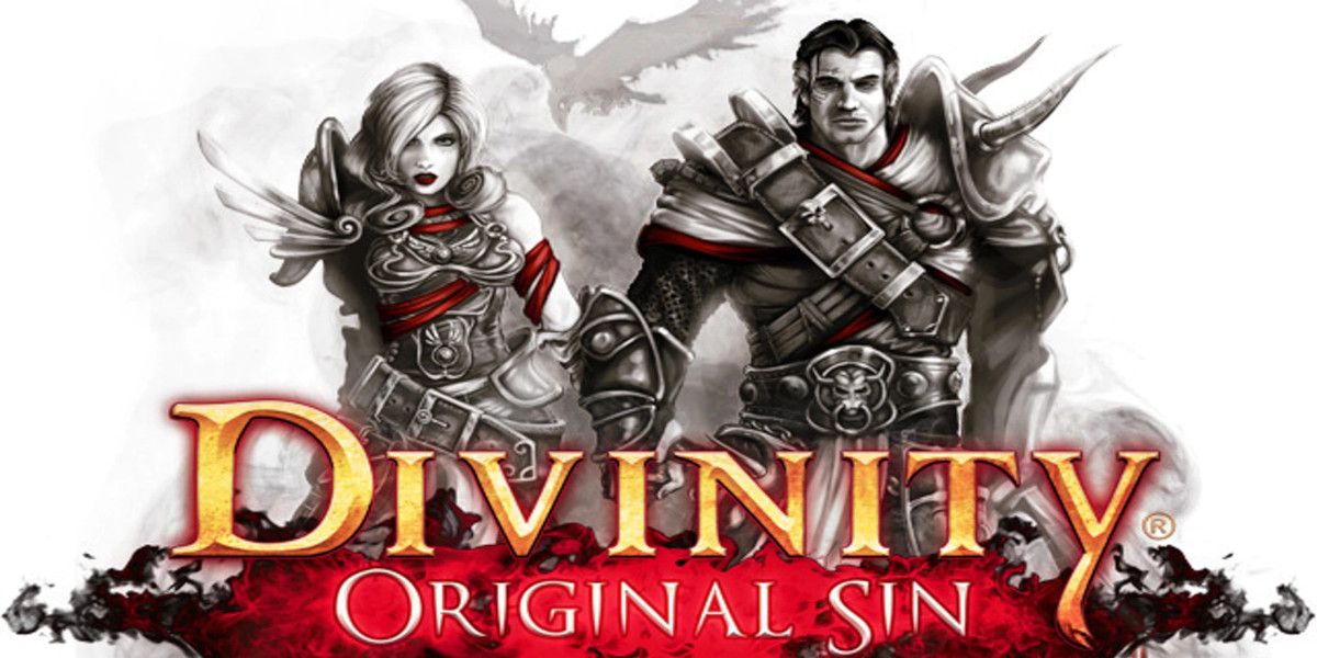 The cover artwork for Divinity Original Sin, male and female main characters looking at the camera in black and white