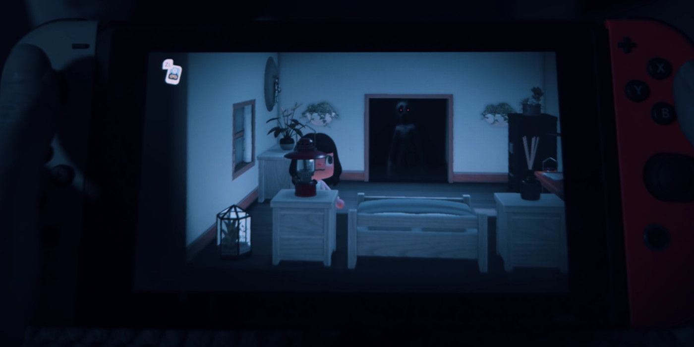 someone holding their switch at night where a monster can be seen lurking in an animal crossing closet