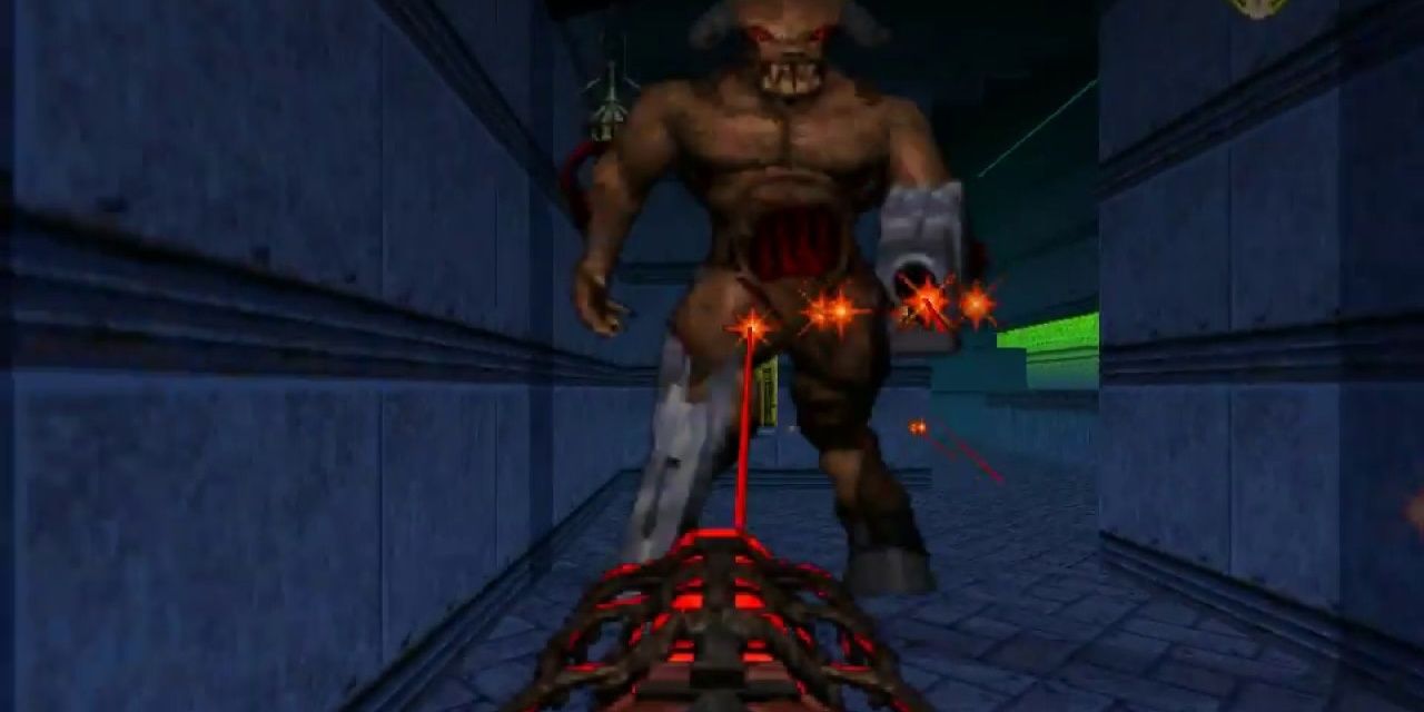 Firing the Unmaker at an enemy in Doom 64