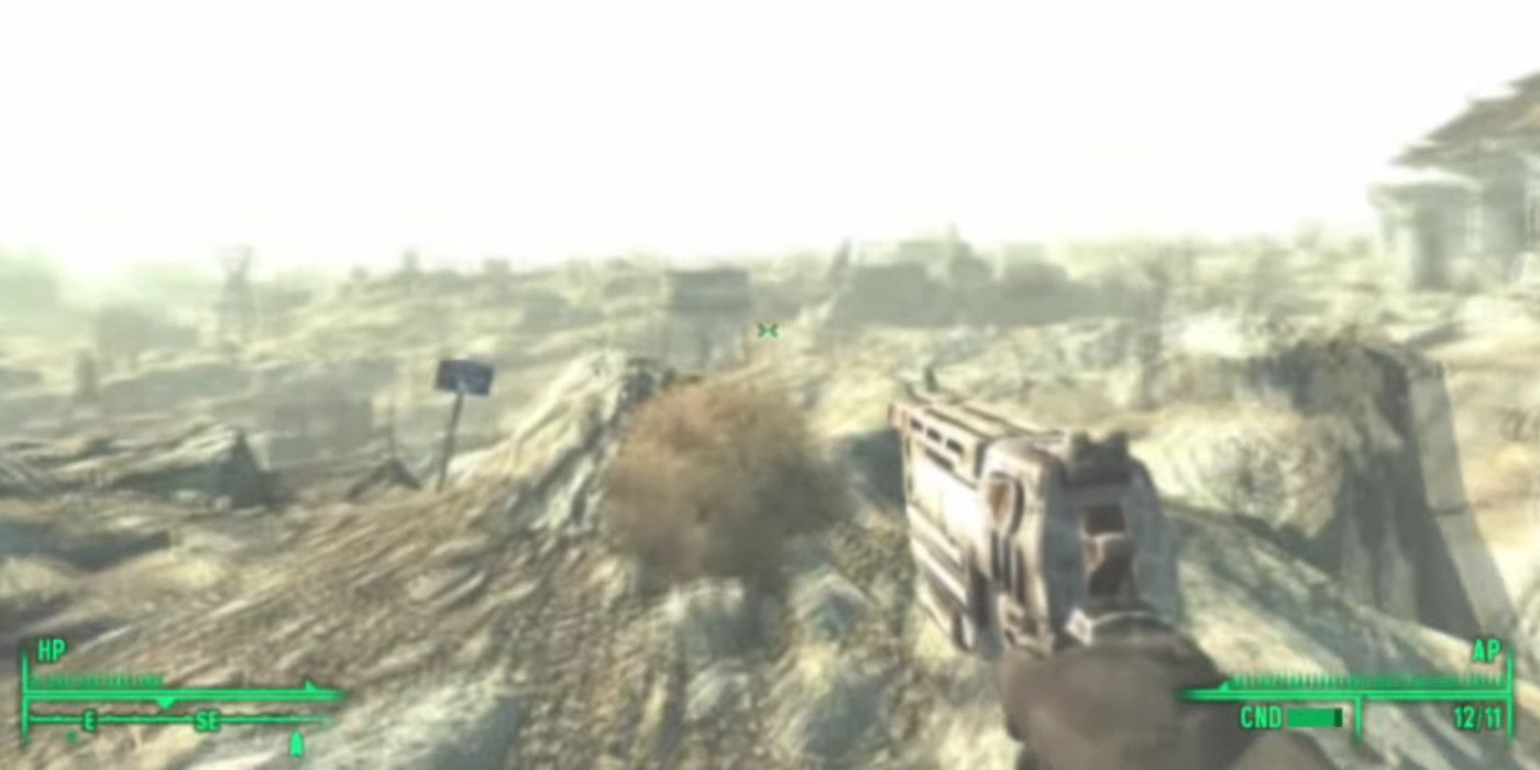 the screen is blurred as the player overlooks the capital wasteland after leaving vault 101 for the first time