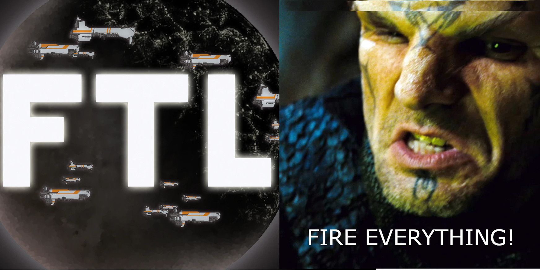 a split image of the ftl screen and nero from star trek shouting 