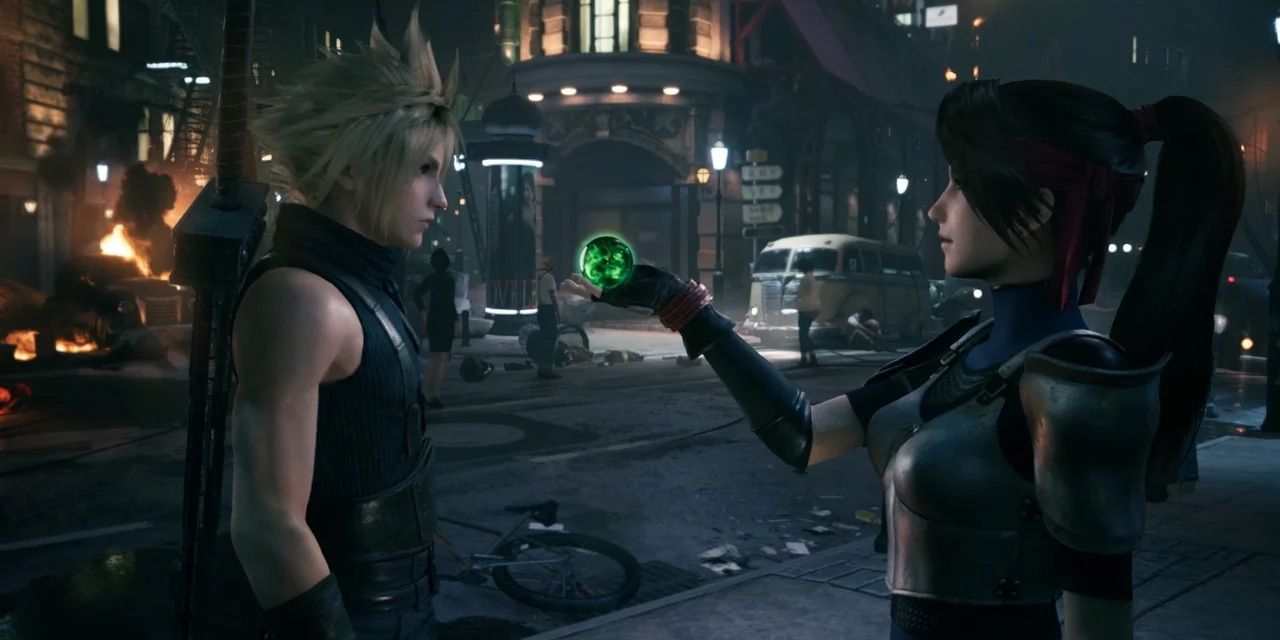 Jessie hand Cloud an orb of materia in Final Fantasy VII Remake