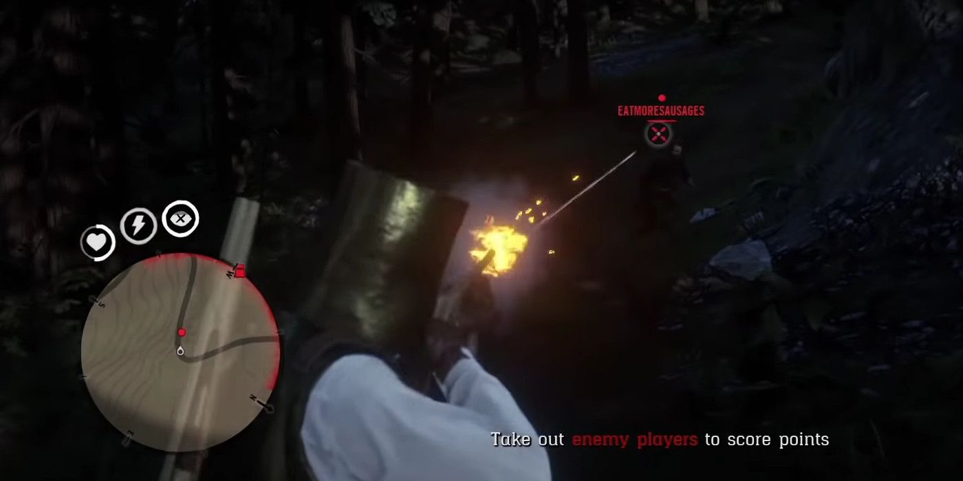 a player in a suit of golden armour shooting another player in the head with a repeater in red dead online