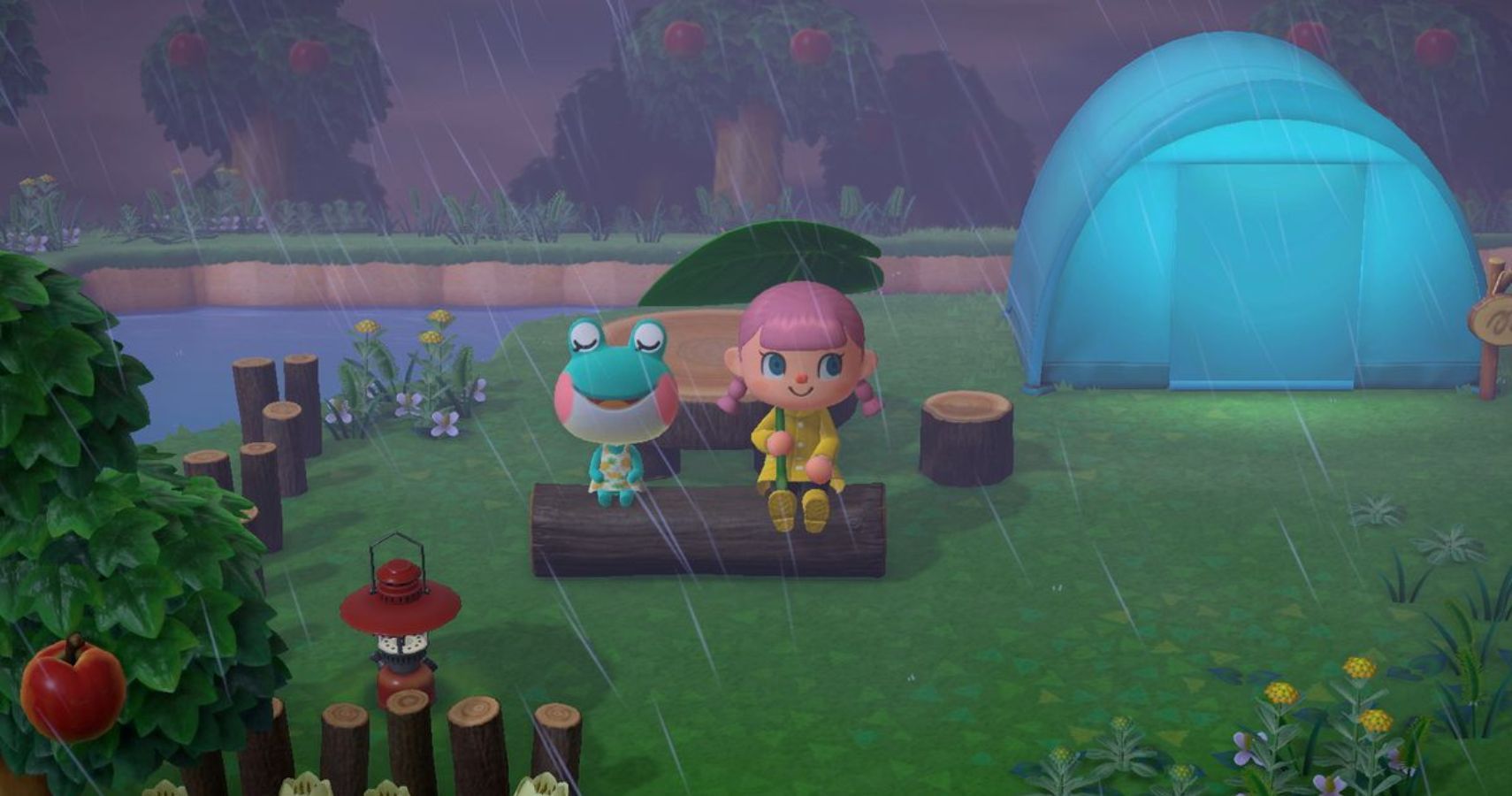 sitting with a frog villager in the rain
