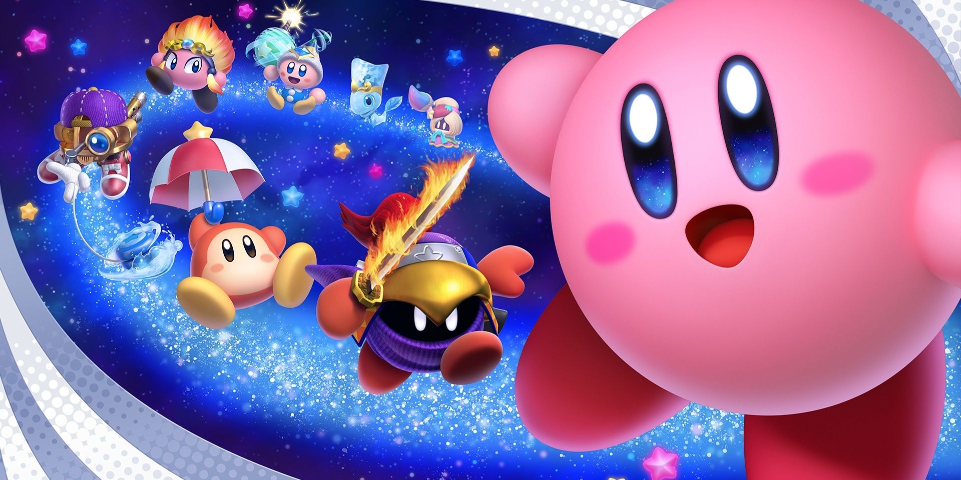 Kirby smiling at the camera as his many star friends fly in behind him