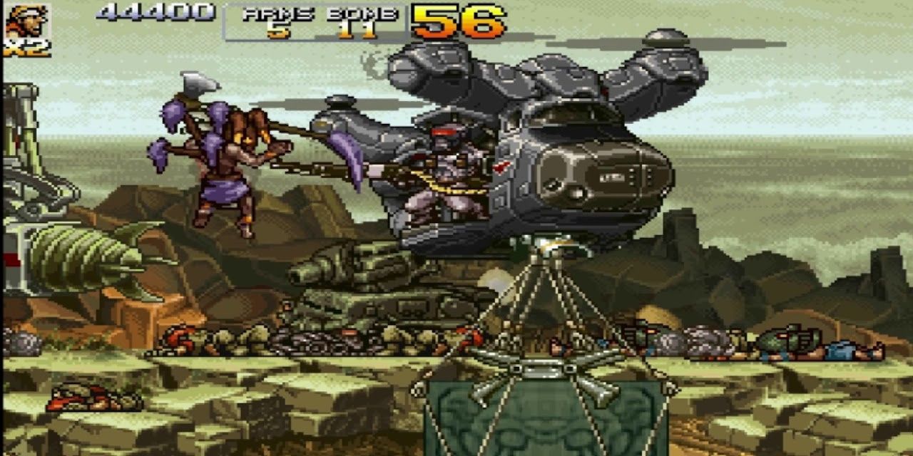 Metal Slug 5 gameplay leaping at chopper in quarry