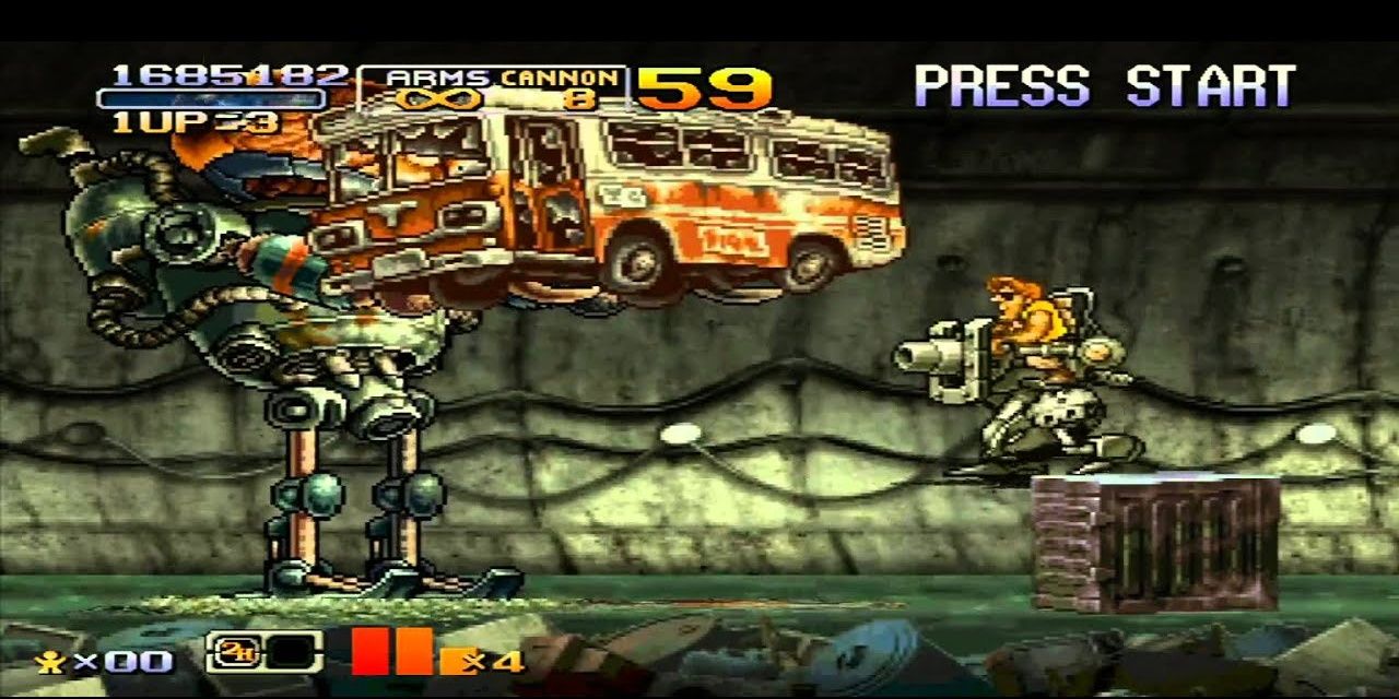 metal slug 6 gameplay firing at robot holding bus in sewer