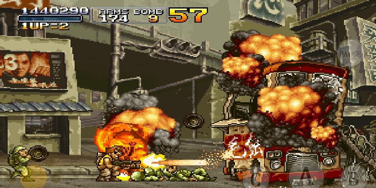 Metal Slug X gameplay firing at exploding bus in city streets