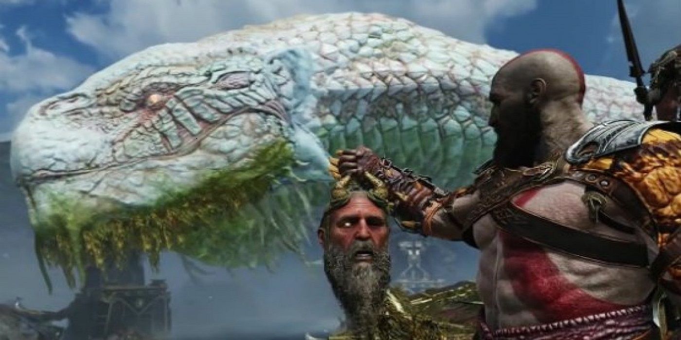 Mimir held up my Kratos with the World Serpent in the background  in God of War