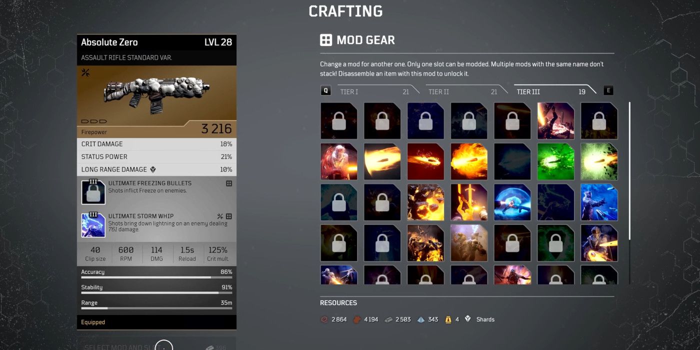 the crafting screen with many different weapon modifications available