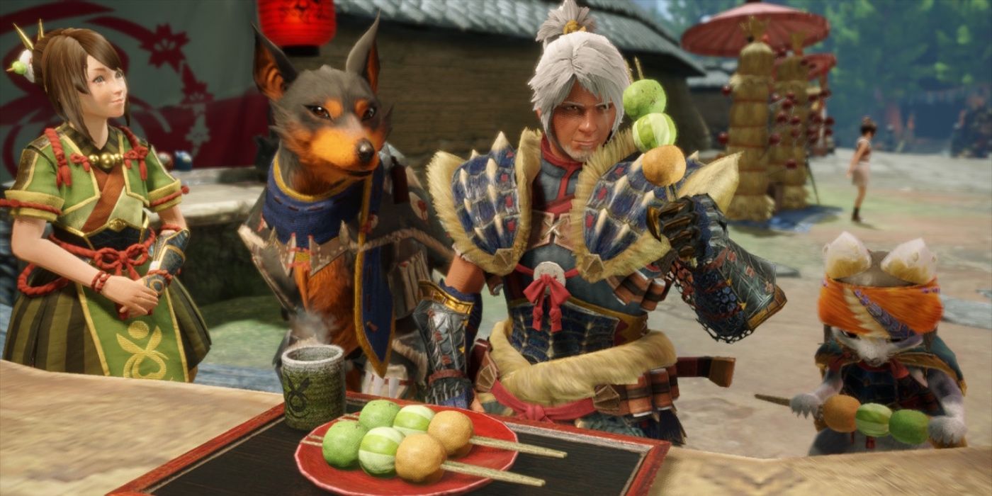 the character having a snack in monster hunter rise