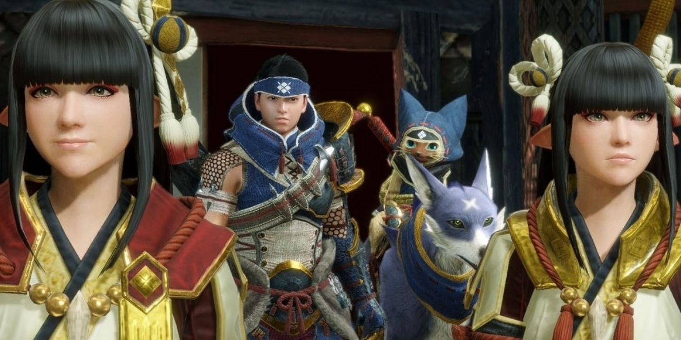 the character from monster hunter rise with the palamute and twins