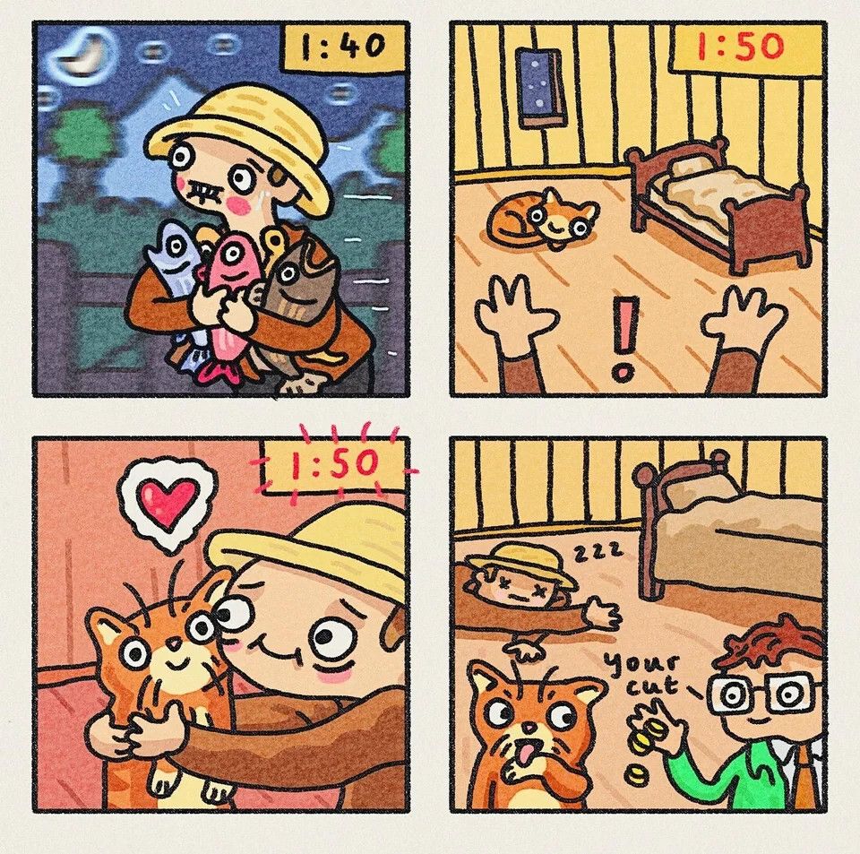 A farmer in Stardew Valley returns home only for the cat to betray him and sell fish
