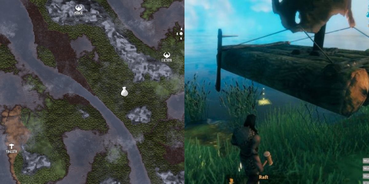World map in valheim and a player using a raft