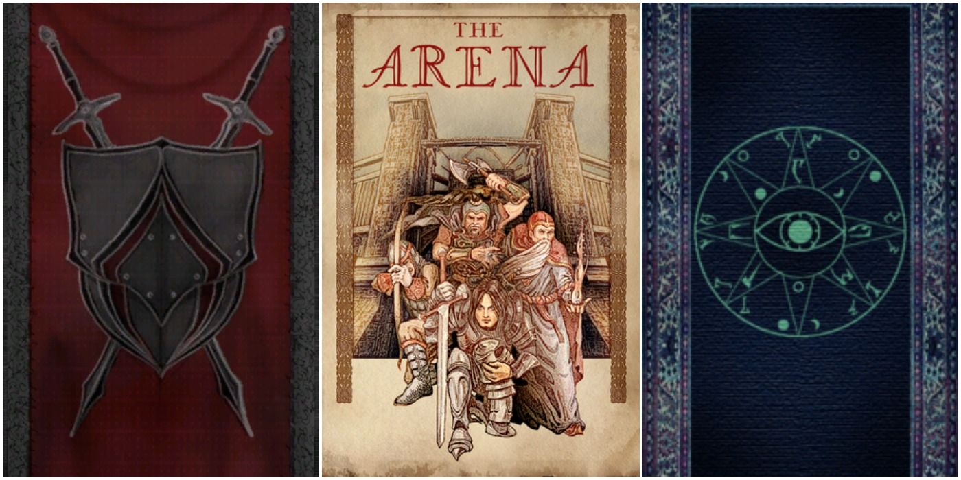 Oblivion's banner for the Fighters Guild (left), poster for The Arena and the banner for the Mages Guild (right)