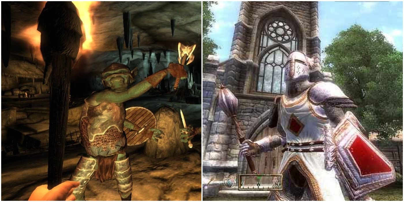 Encountering a goblin in a cave in Oblivion (left) and Knight of the nine armor (right)