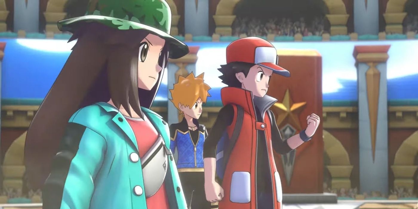 Green, Red, and Blue in Pokemon Masters Ex looking to the side and scowling