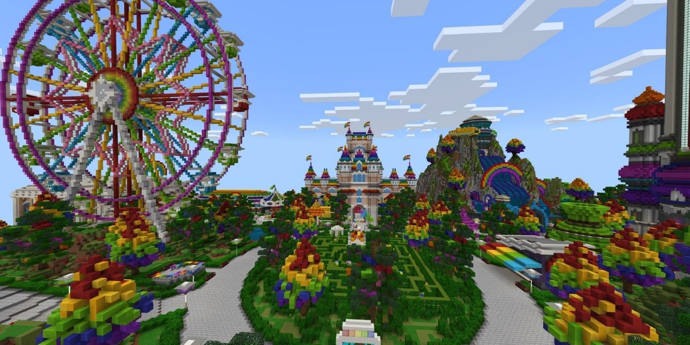 A view of the rides in the Rainbow Park Minecraft map